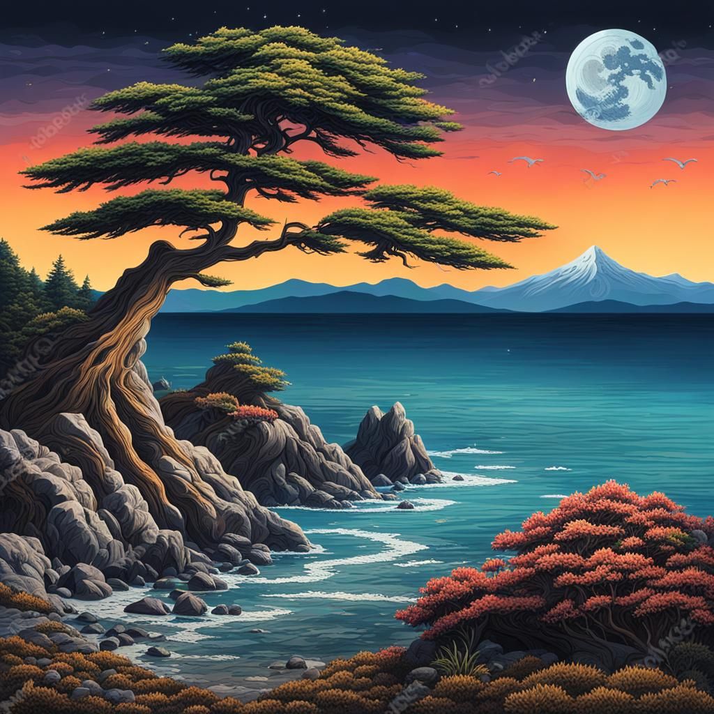 Moonlit Ocean Landscape with Cypress Tree