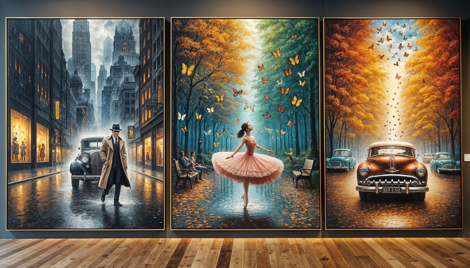 Enchanted Art Gallery Scene in Three Vibrant Panels