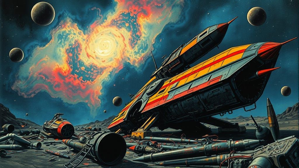 Cosmic Junkyard Scene in Vibrant Hues