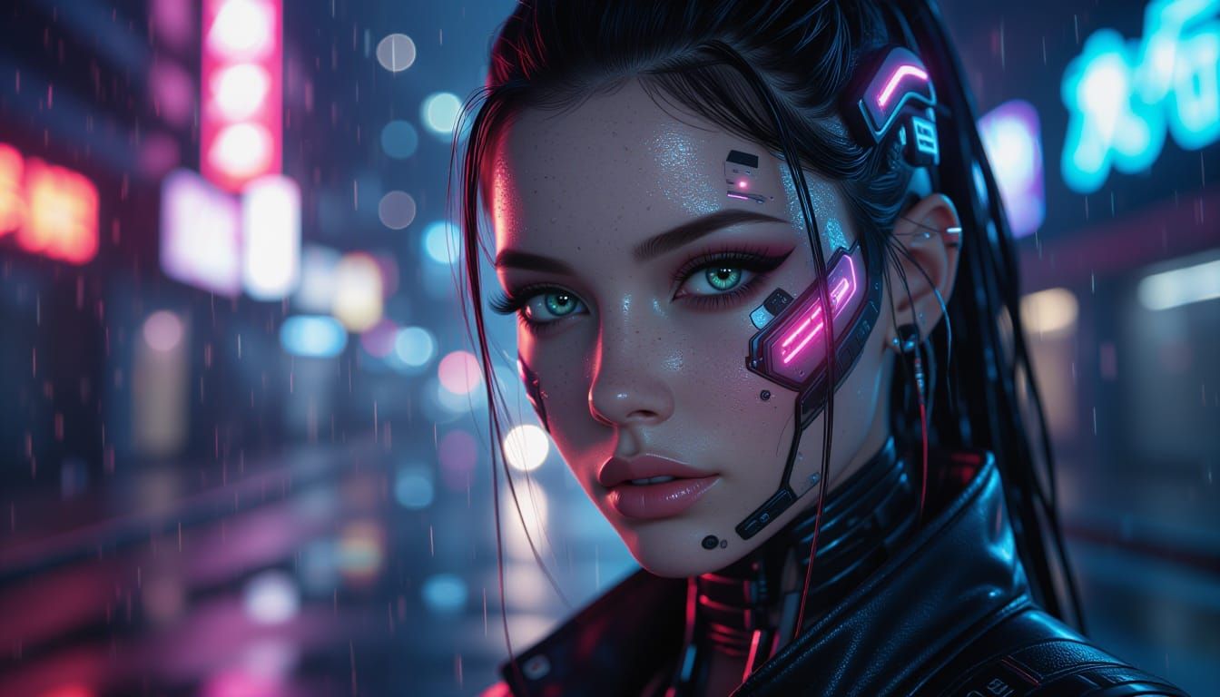 Cyberpunk Girl Portrait with Neon Reflections