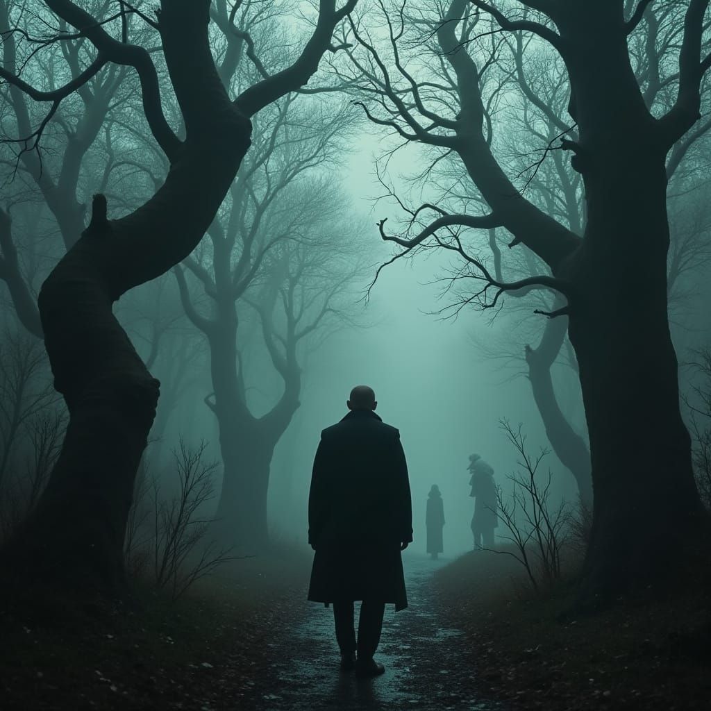 Haunting Garden with Twisted Trees and Ghosts