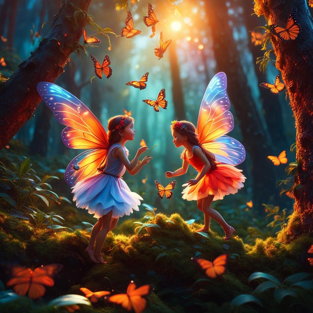 Fairies and Butterflies in Enchanted Forest at Sunset
