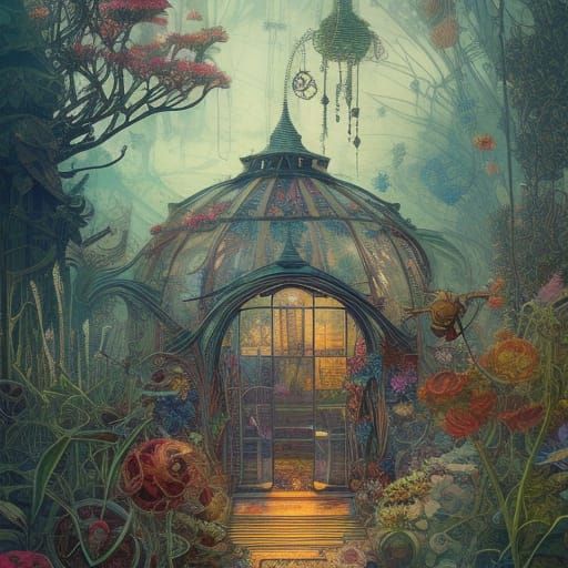 Epic Steampunk Greenhouse Digital Illustration