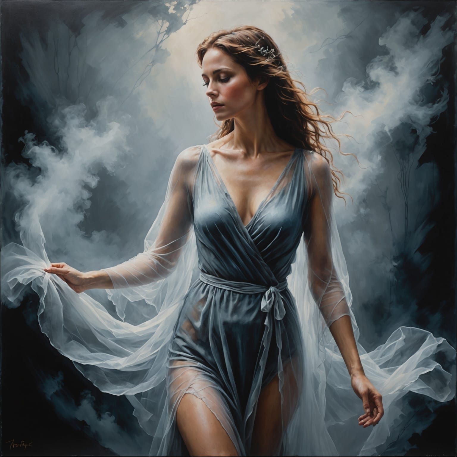 Serene Woman in Mist: Acrylics on Canvas