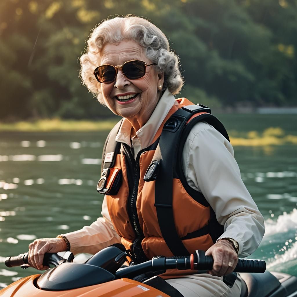 Queen Elizabeth II on Jet Ski: Portrait Photography