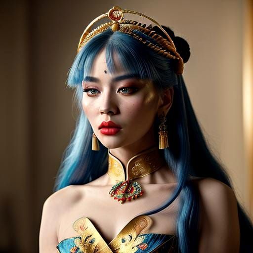 Blue-Haired Woman in Traditional Chinese Dress