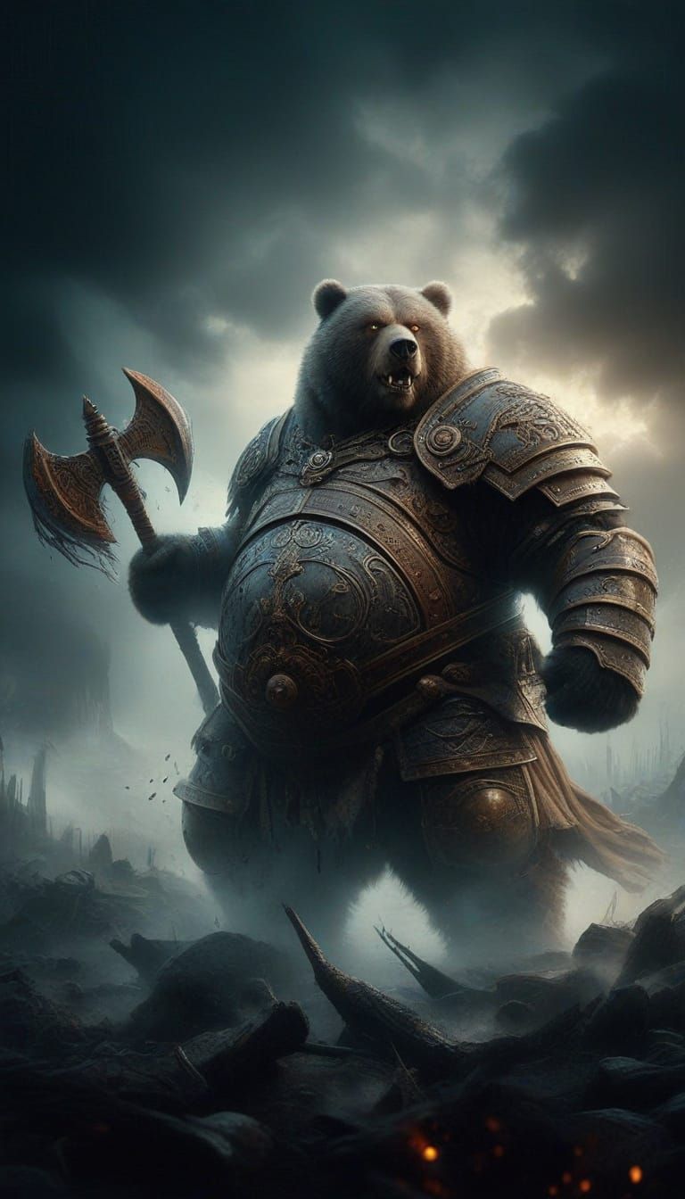 Victorian Armored Kodiak Bear Wields Battle Axe on Foggy Fie...