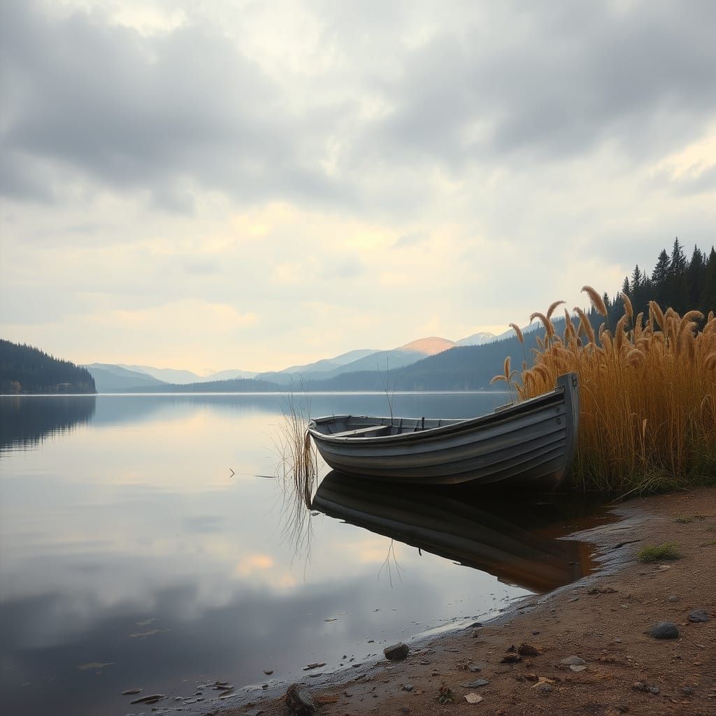 Tranquil Lake Scene with Rowboat in Twilight