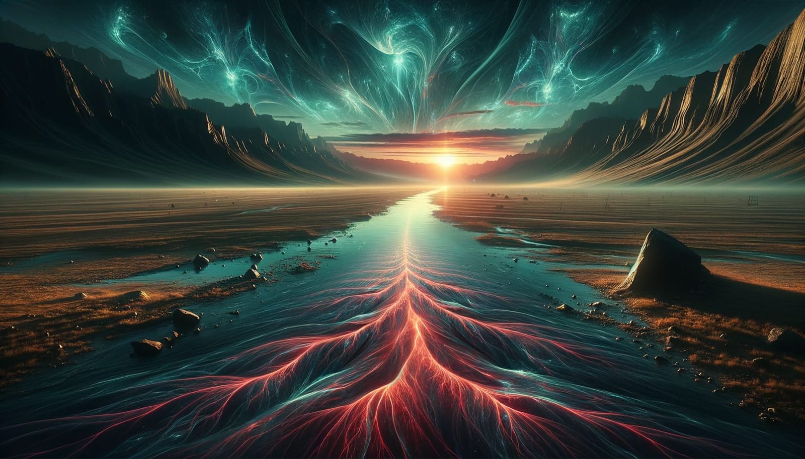 Surreal Desert Valley with Upward Flowing River at Dawn