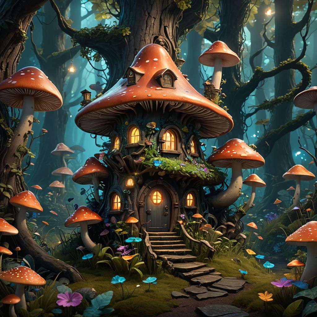 Enchanted Bioluminescent Forest Fairy Mushroom House