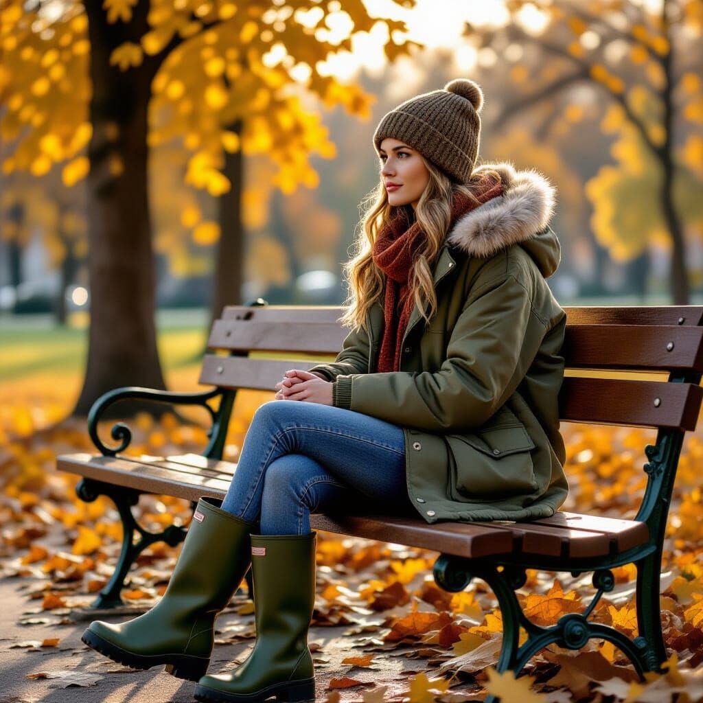 Woman in Muddy Boots on Autumn Park Bench