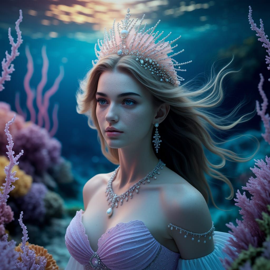 Beautiful Mermaid Portrait with Pearl Crown and Shimmering E...