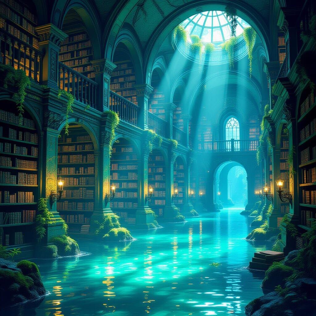 Ancient Library Submerged in Lagoon, Bioluminescent Flora