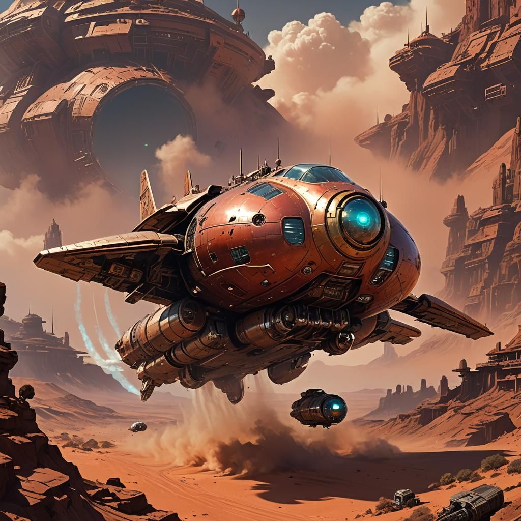 Steampunk Spaceship Landing on Desert Planet