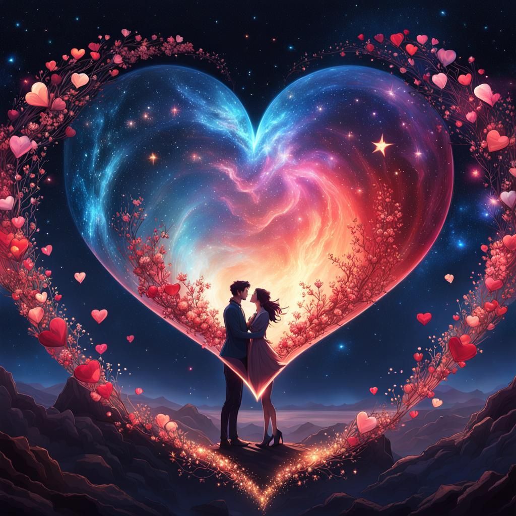 Lovers' Heart in Starry Universe, Art Nouveau Style