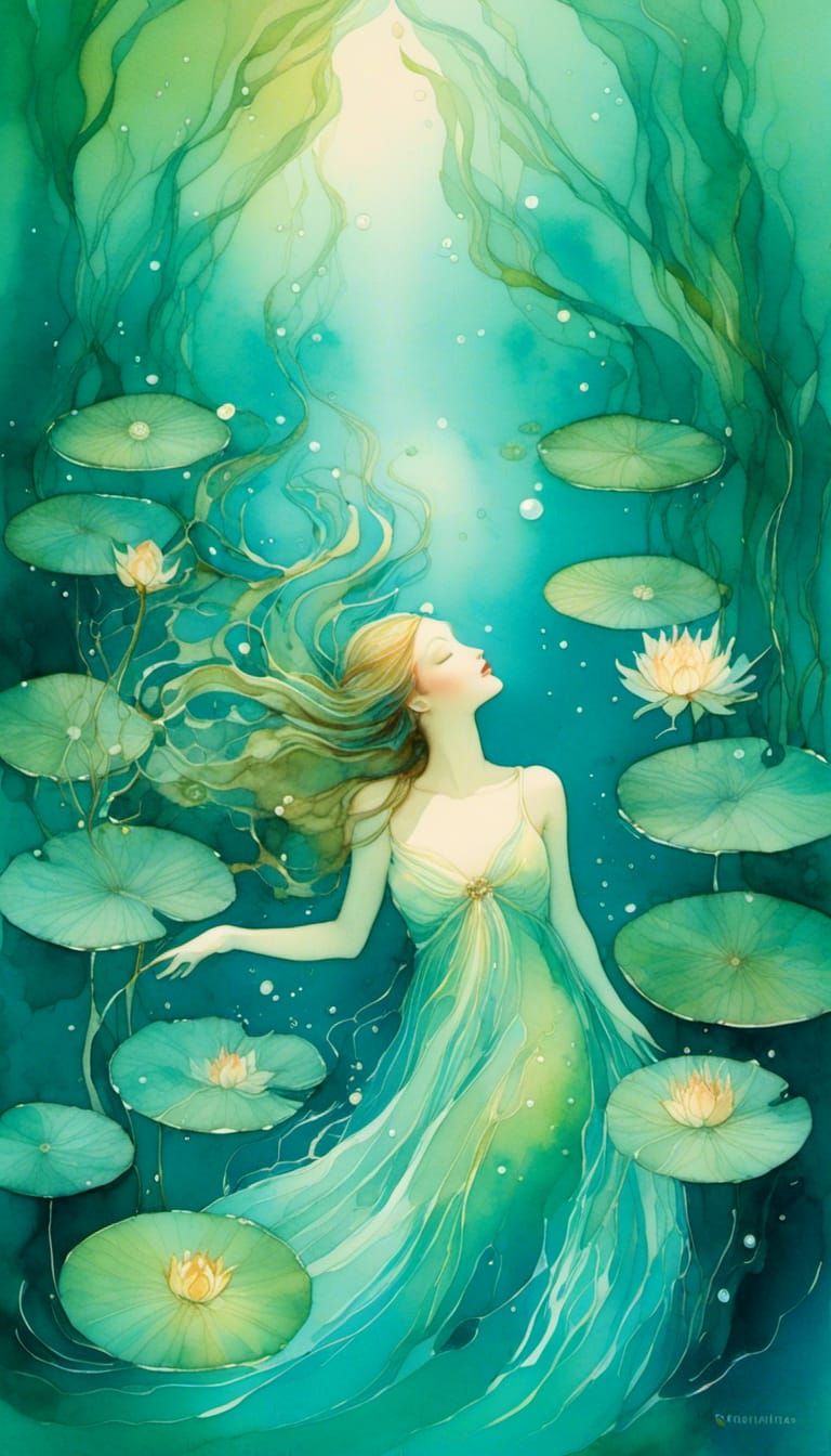 Ethereal Water Nymph in Vintage Watercolor Style