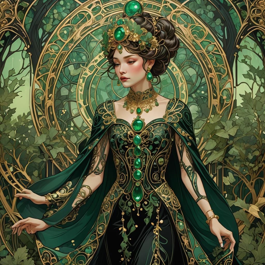 Art Nouveau Empress on Forest Runway in Opulent Style