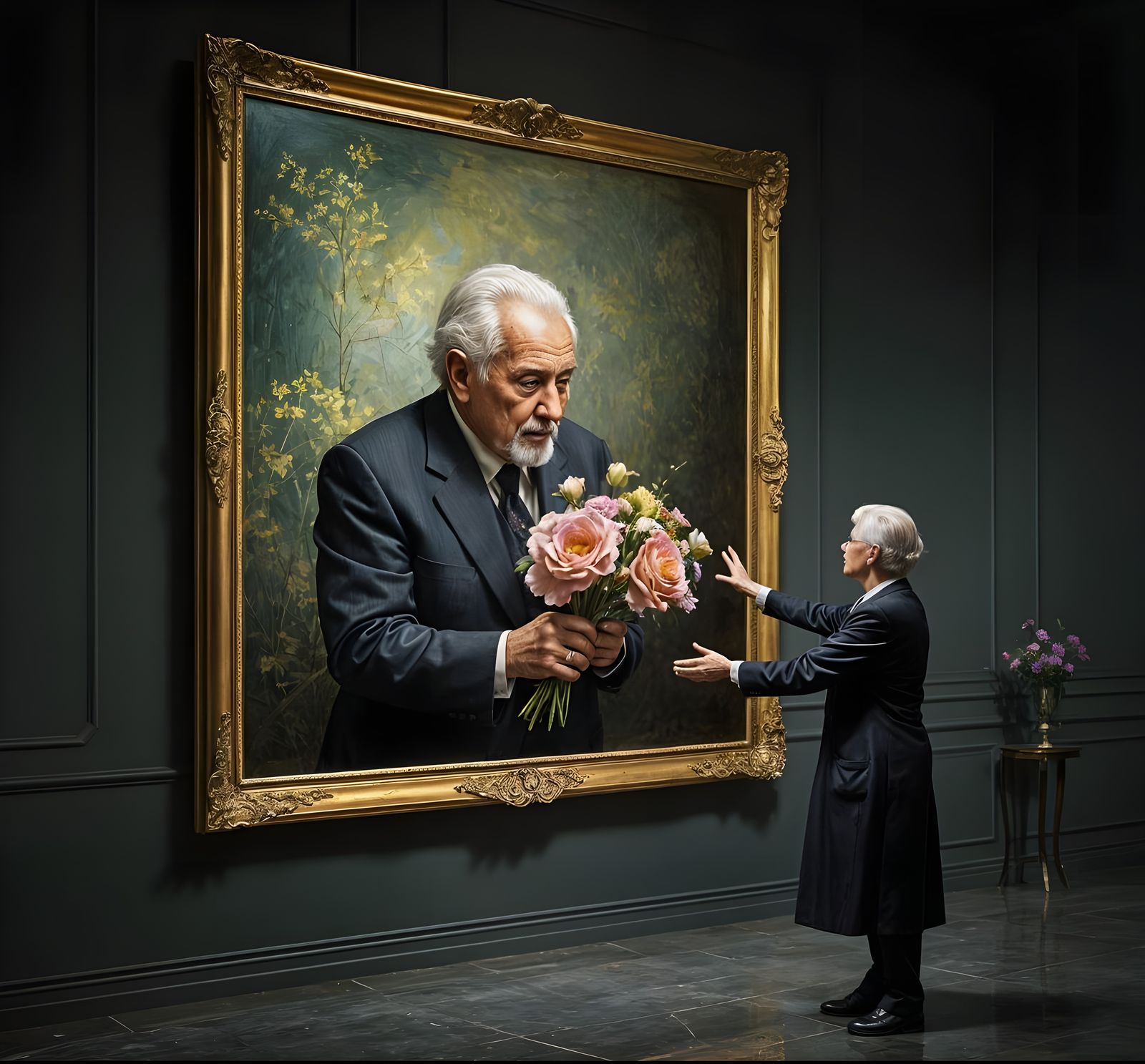 Elderly Man in Painting Offers Flowers