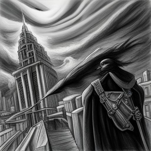 Crow Person with Harpoon Gun in Burning City