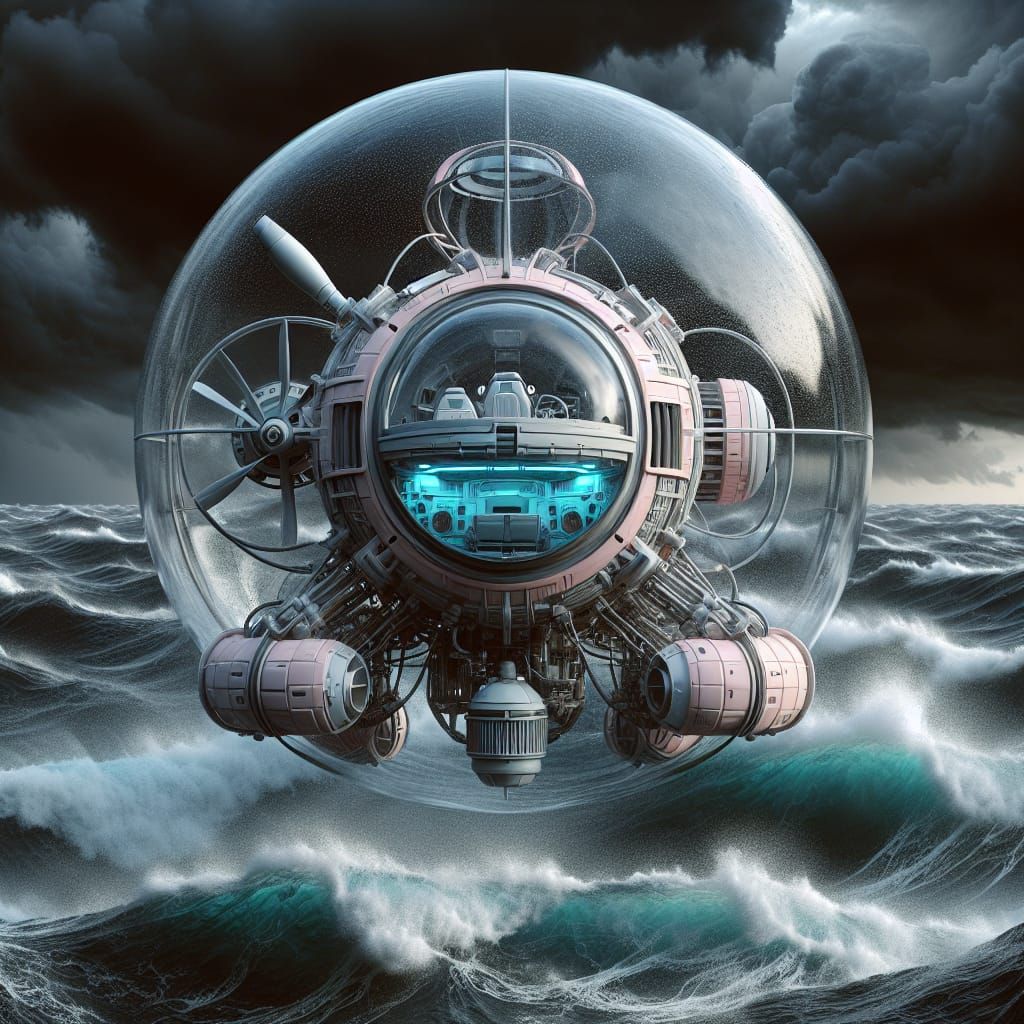 Futuristic Orb Vehicle Navigating a Stormy Ocean