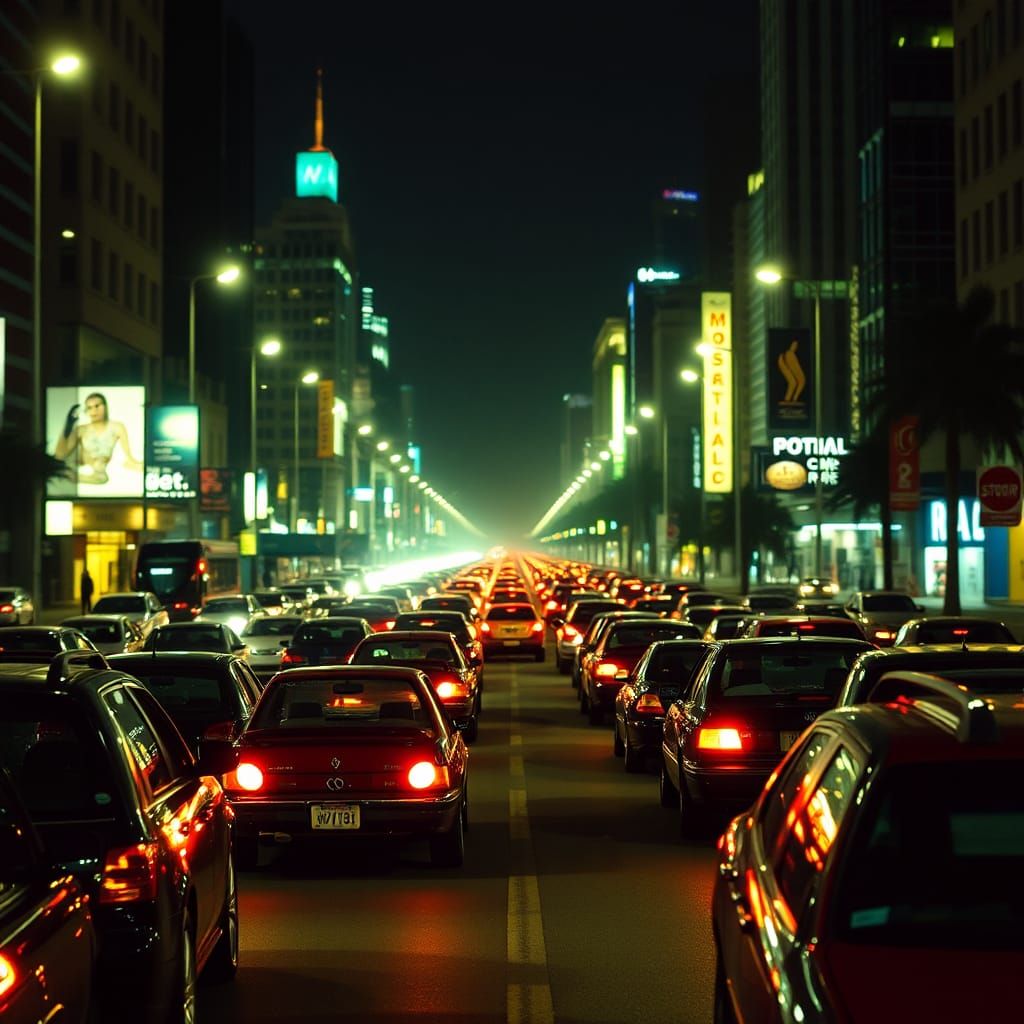 Cityscape of Cars and Guitars at Night
