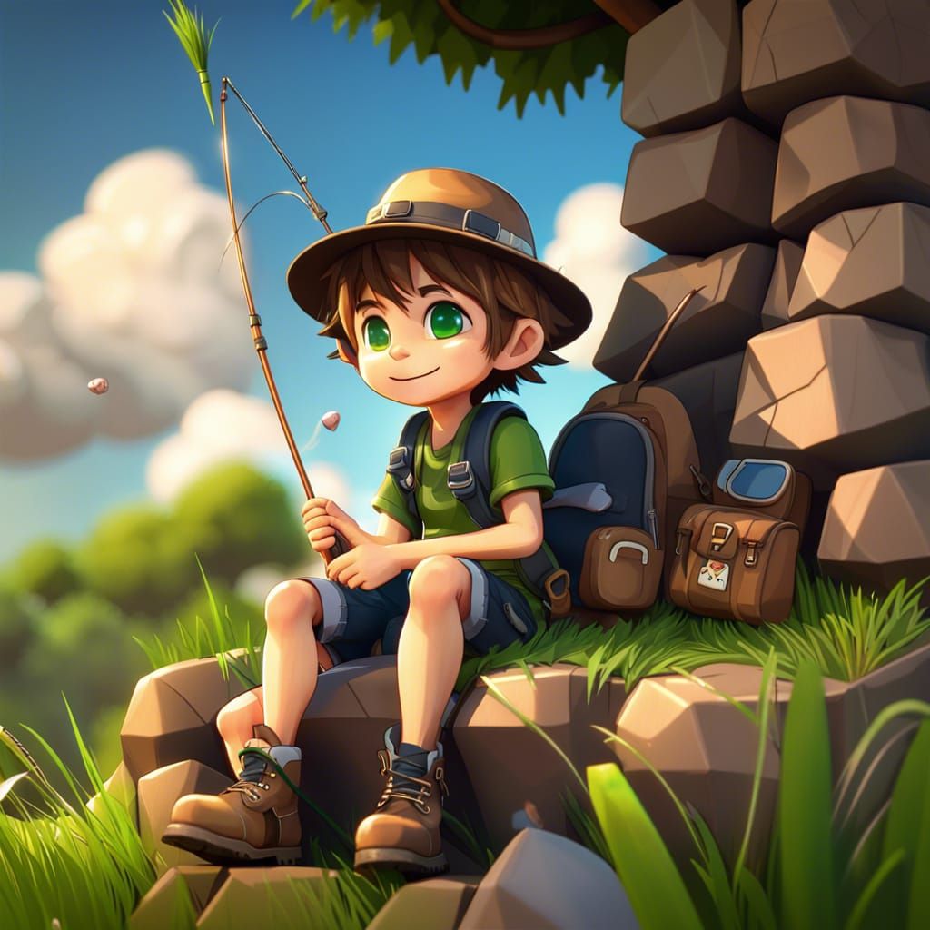 Chibi Boy Fishing in 3D Rendered Style