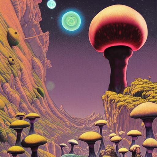 Surreal Noctilucent Landscape with Fungi in Neo-Primitivism