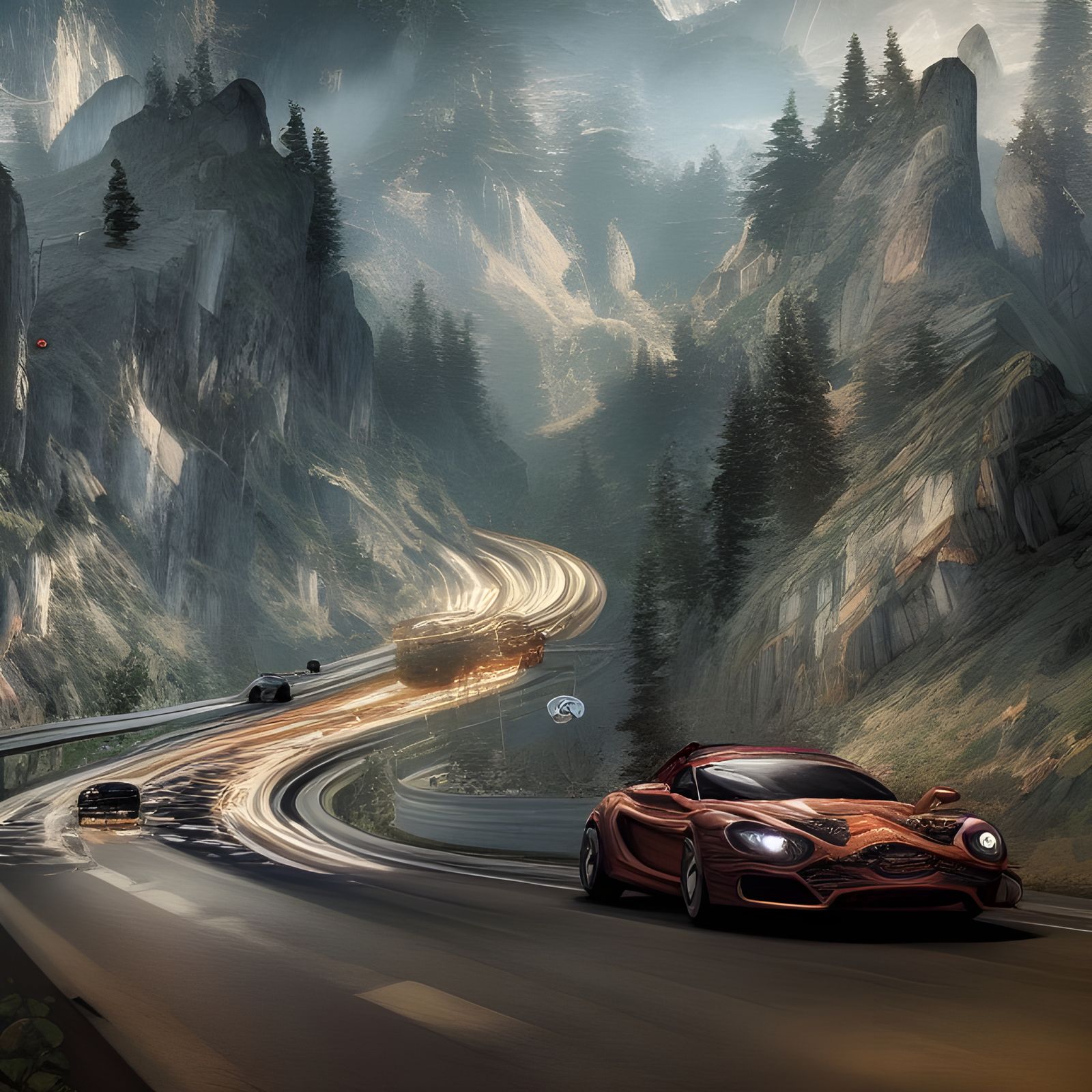Mountain Road Speeding: Hyperrealistic Detailed Rendering
