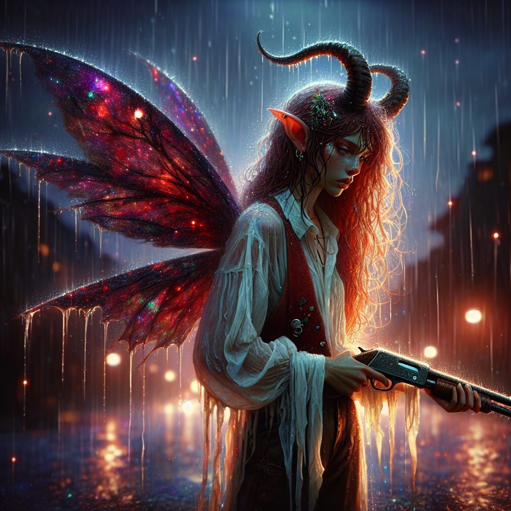 Sad Fairy with Shotgun on Rainy Night