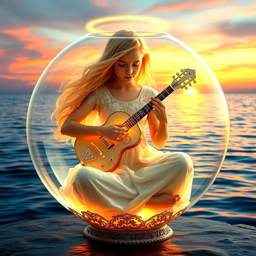 Ethereal Guitarist in Dreamlike Seascape