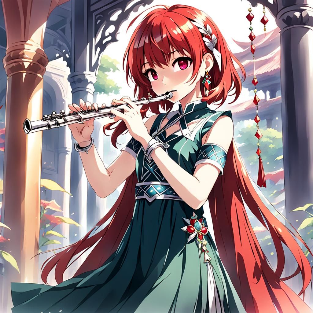 Anime Girl with Flute and Ruby Earrings