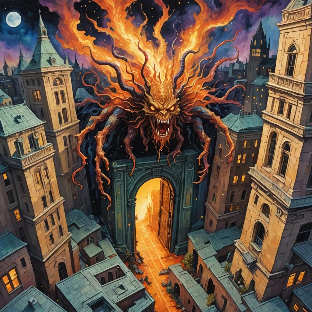 Eldritch Creature Emerges: Impressionist Gouache Painting