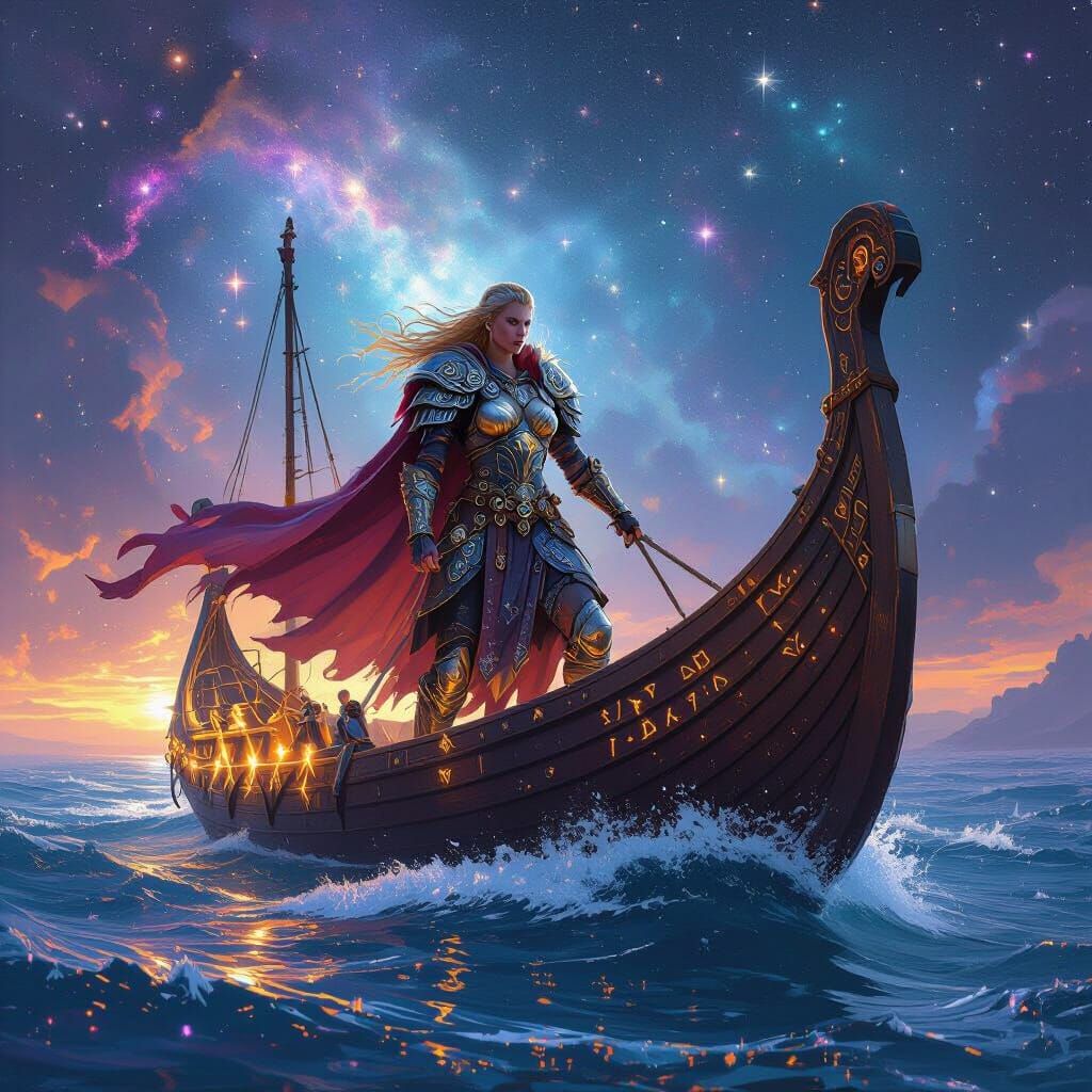 Valkyrie Helms Starlight Longship Through Cosmos