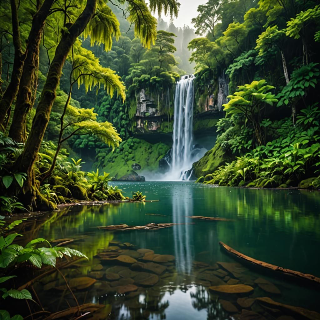 Lush Lake Landscape with Waterfalls in Dreamy Style