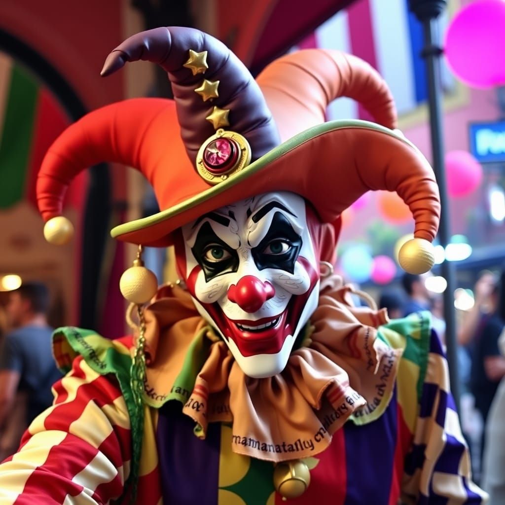 Mysterious Jester in a Futuristic Landscape