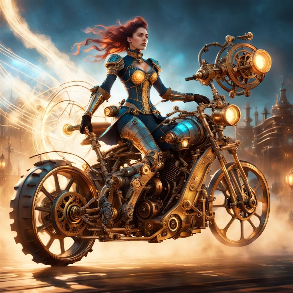 Steampunk Cyborg on Hover Bike Concept Art