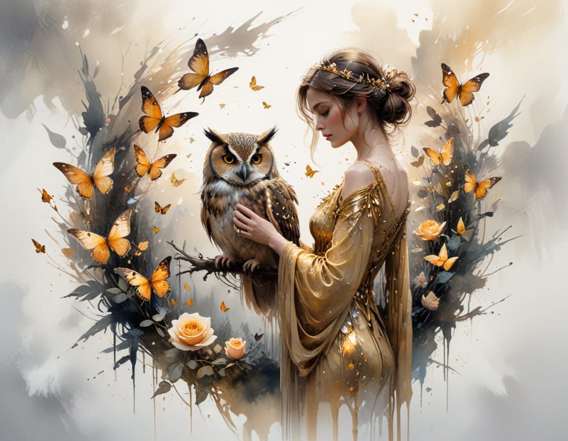 Enchanted Woman with Owl in Twilight Forest