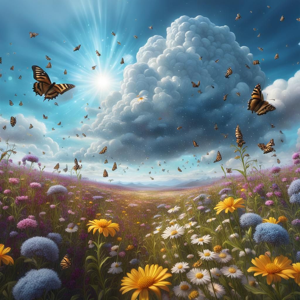 Flower Meadow with Cloud Face in Hyperreal Detail