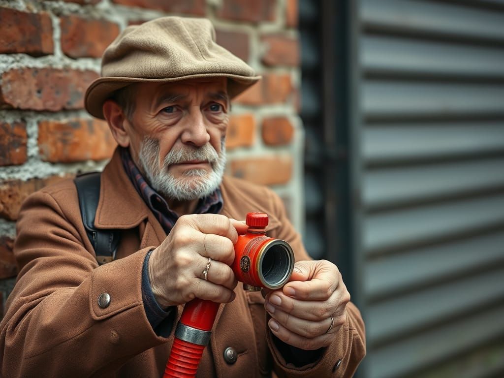 Old Man Surprises Woman with Bright Red Hosepipe