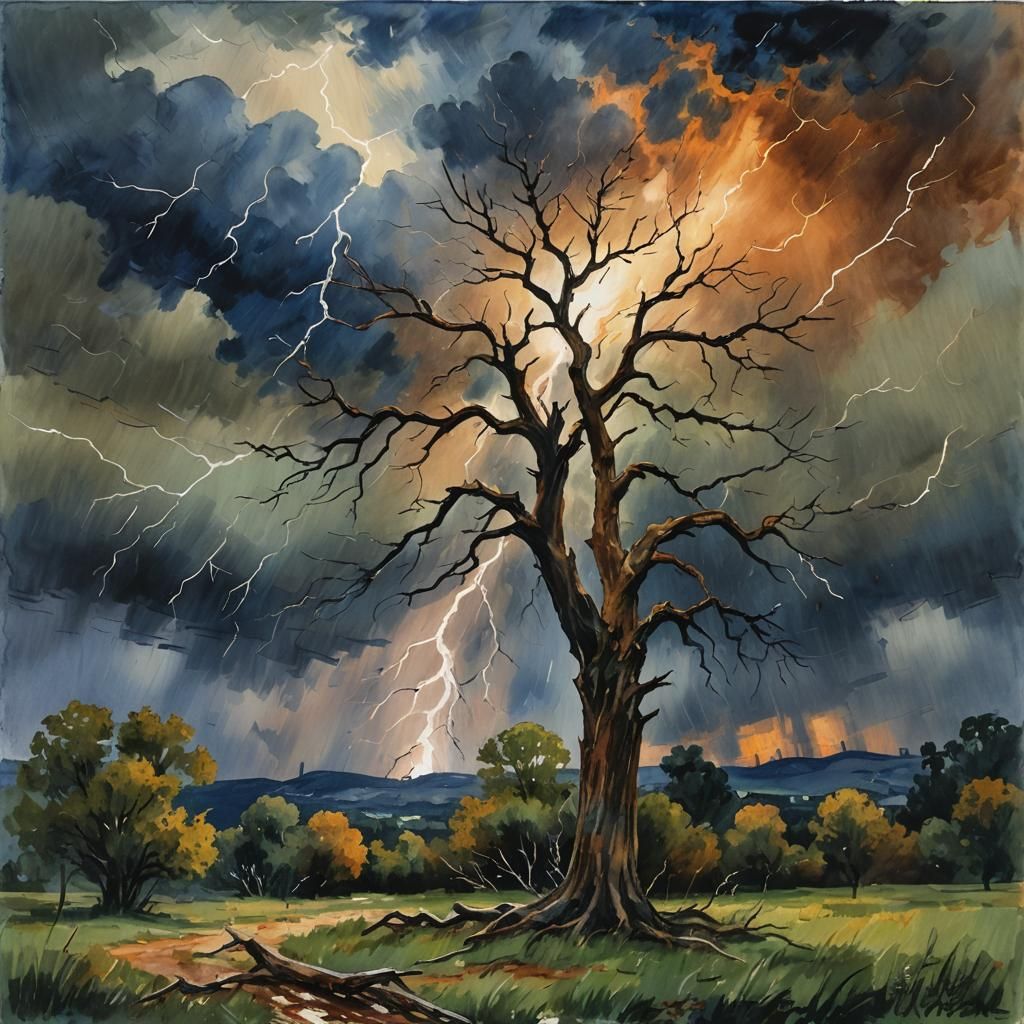Stormy Landscape: Impressionist Gouache Watercolor Masterpie...