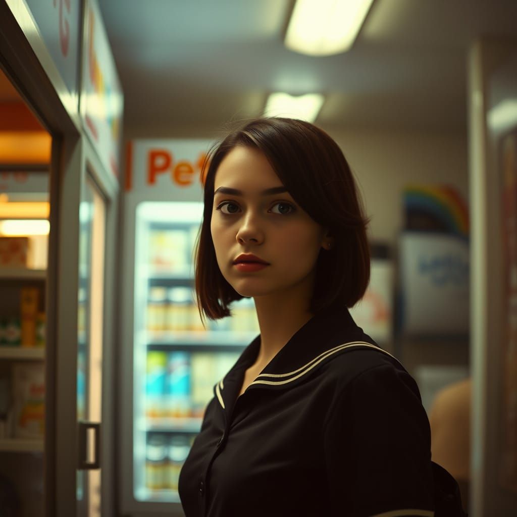 Private School Girl in Moody Convenience Store Lighting
