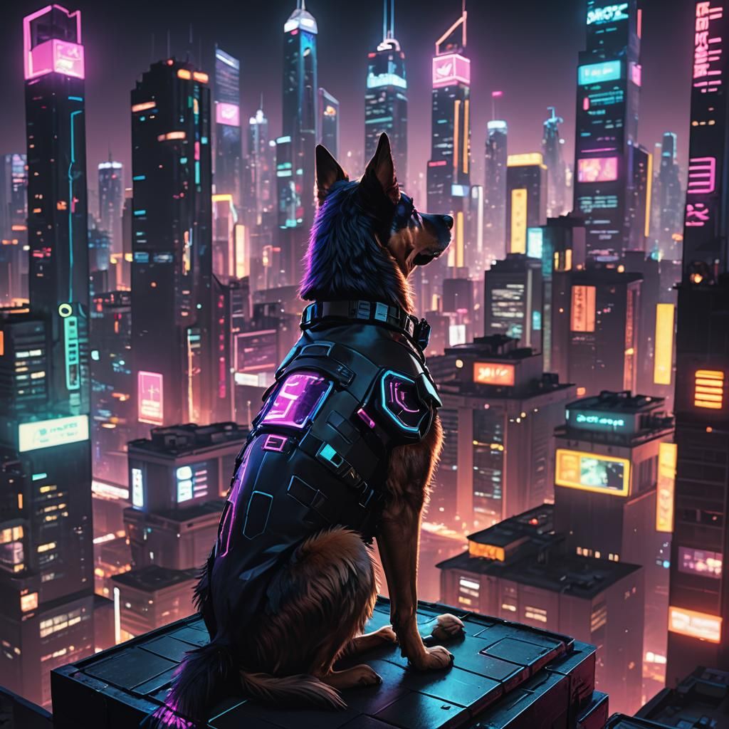 Dog Overlooking Cyberpunk Neon Cityscape