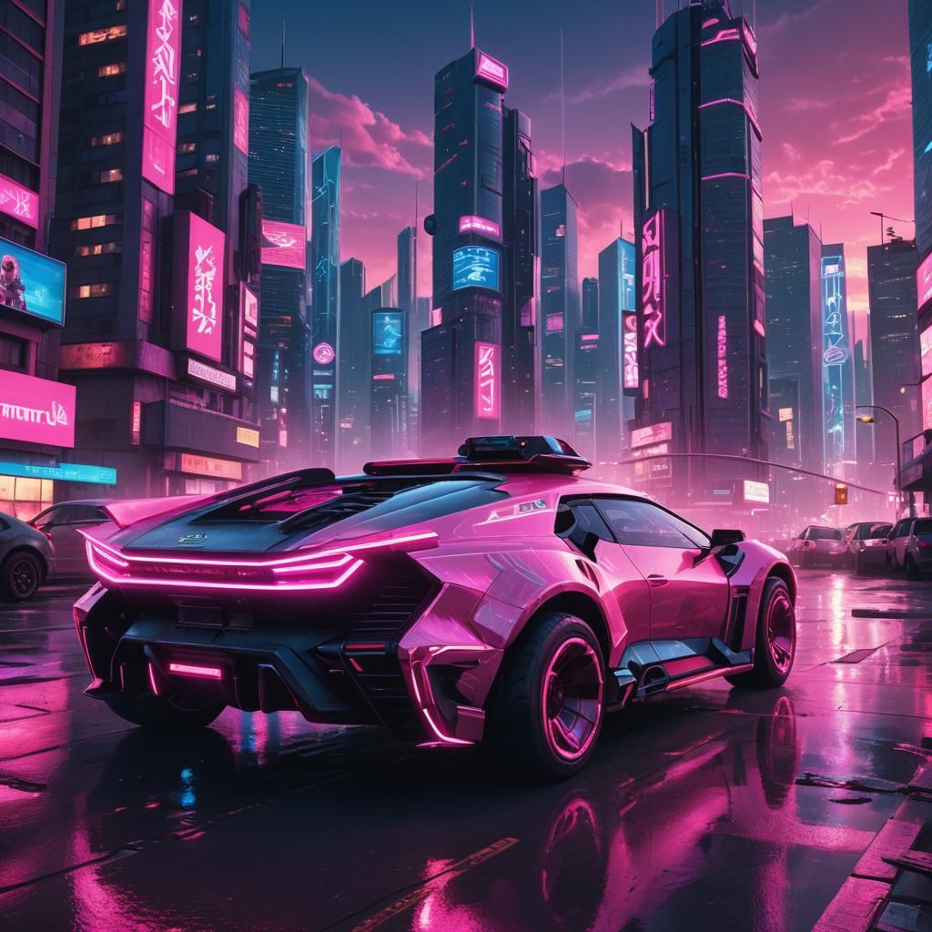 Sailor Pirate Drives Pink Car in Cyberpunk City