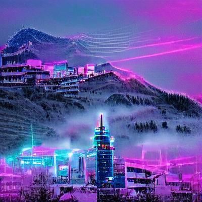 Cyberpunk City on Mountain in Vaporwave Style
