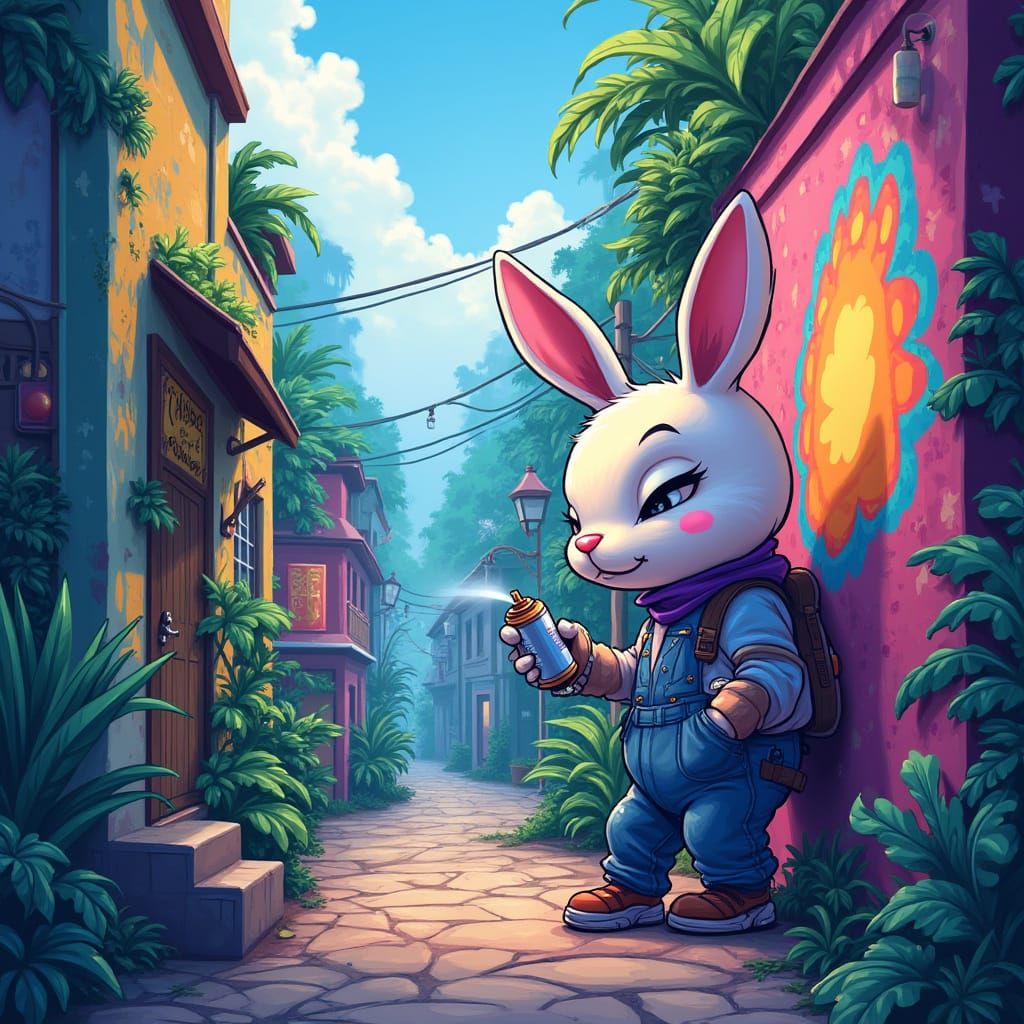 Cartoon Rabbit Street Artist in Jungle City