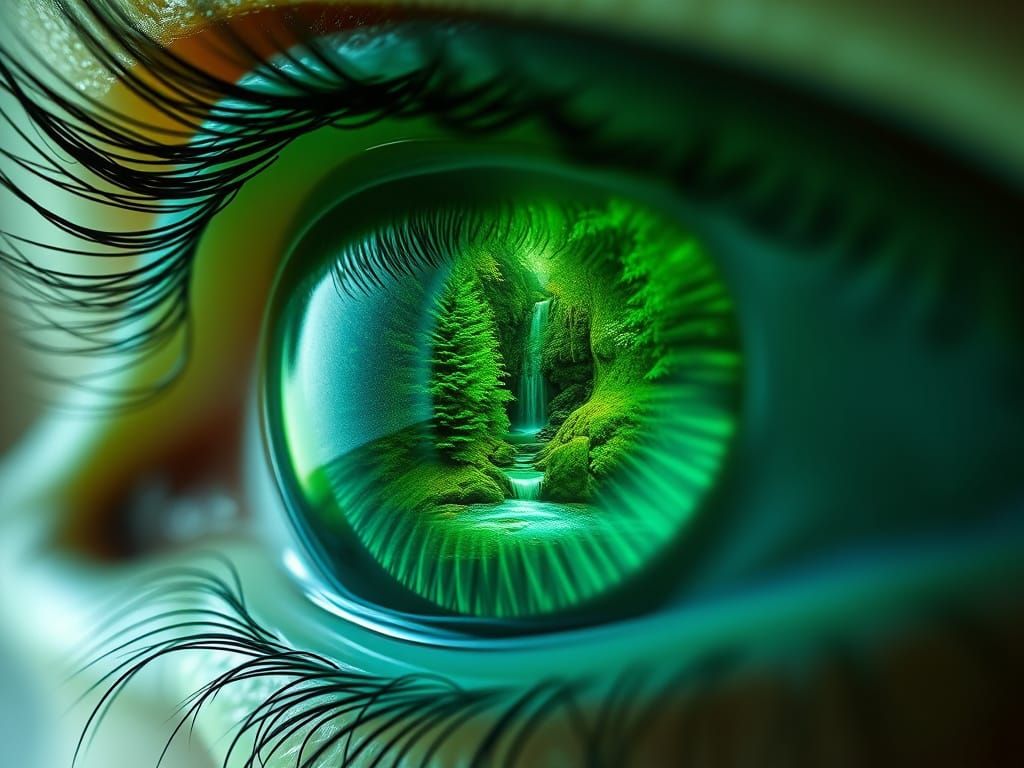 Realistic Green Eye with Glowing Reflections in a Dreamlike ...