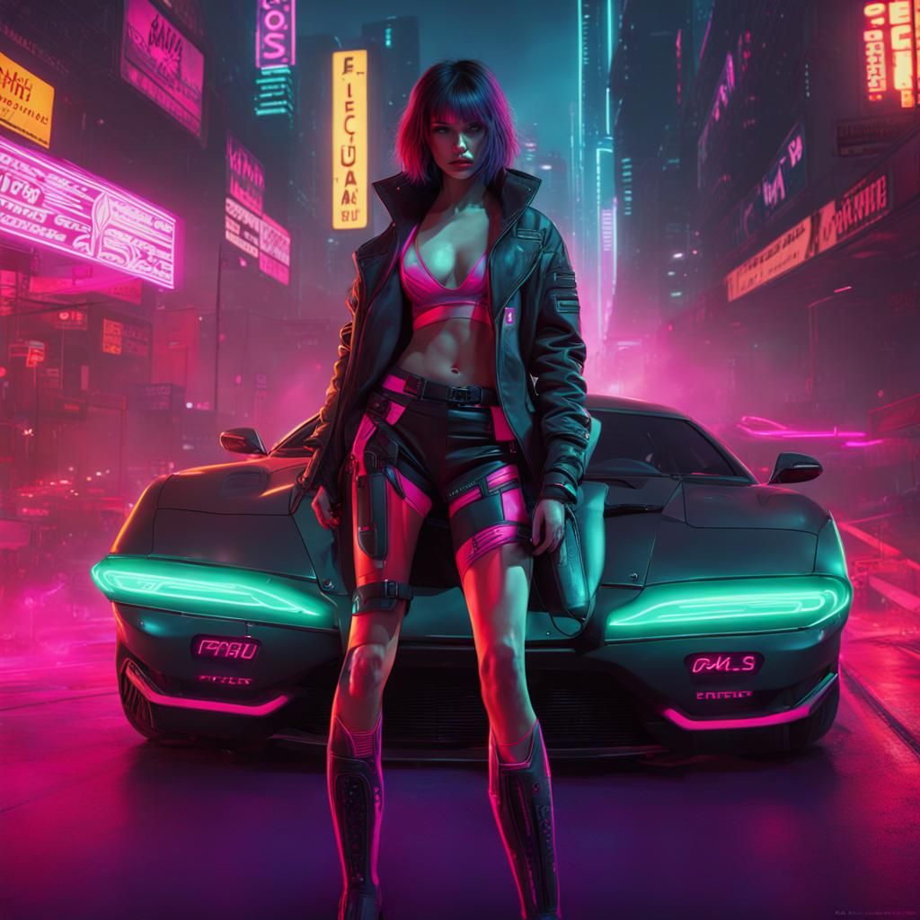 Cyberpunk Sports Car with Neon and Voluptuous Woman
