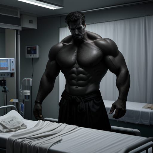 Rule of Thirds, Thanatos, the dark, brooding robust muscular human God of Death standing inside a hospital ICU over a sl...