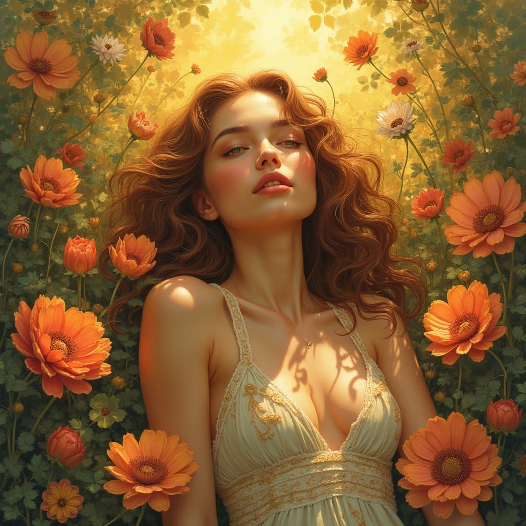 Art Nouveau Portrait of Woman in Floral Sunlight