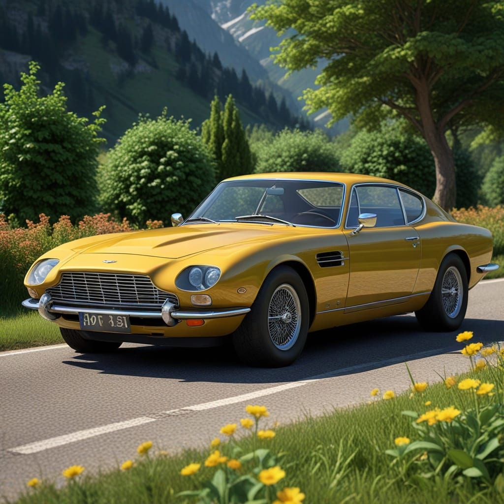 Mustard-Colored Aston Martin in the Alps